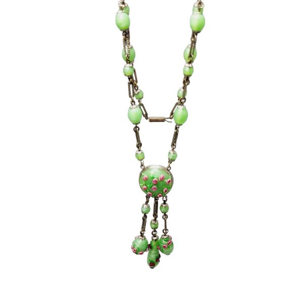 Vintage Art Deco Czech Glass Necklace w/ Applied Flower Necklace (A1367)